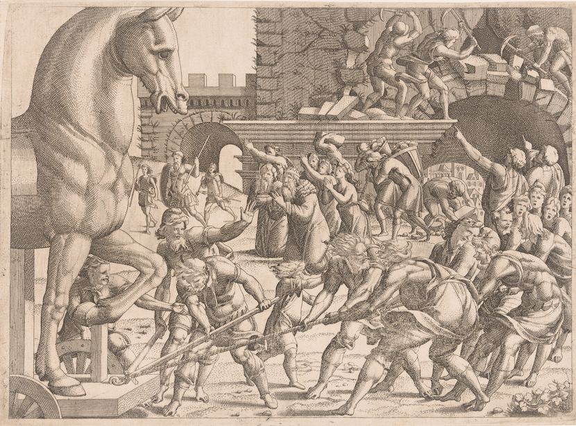 Bringing in the Trojan Horse etching.